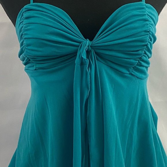 Next Era Couture Teal Layered Heart Neckline Spaghetti Strap Handkerchief Top - Picture 2 of 9